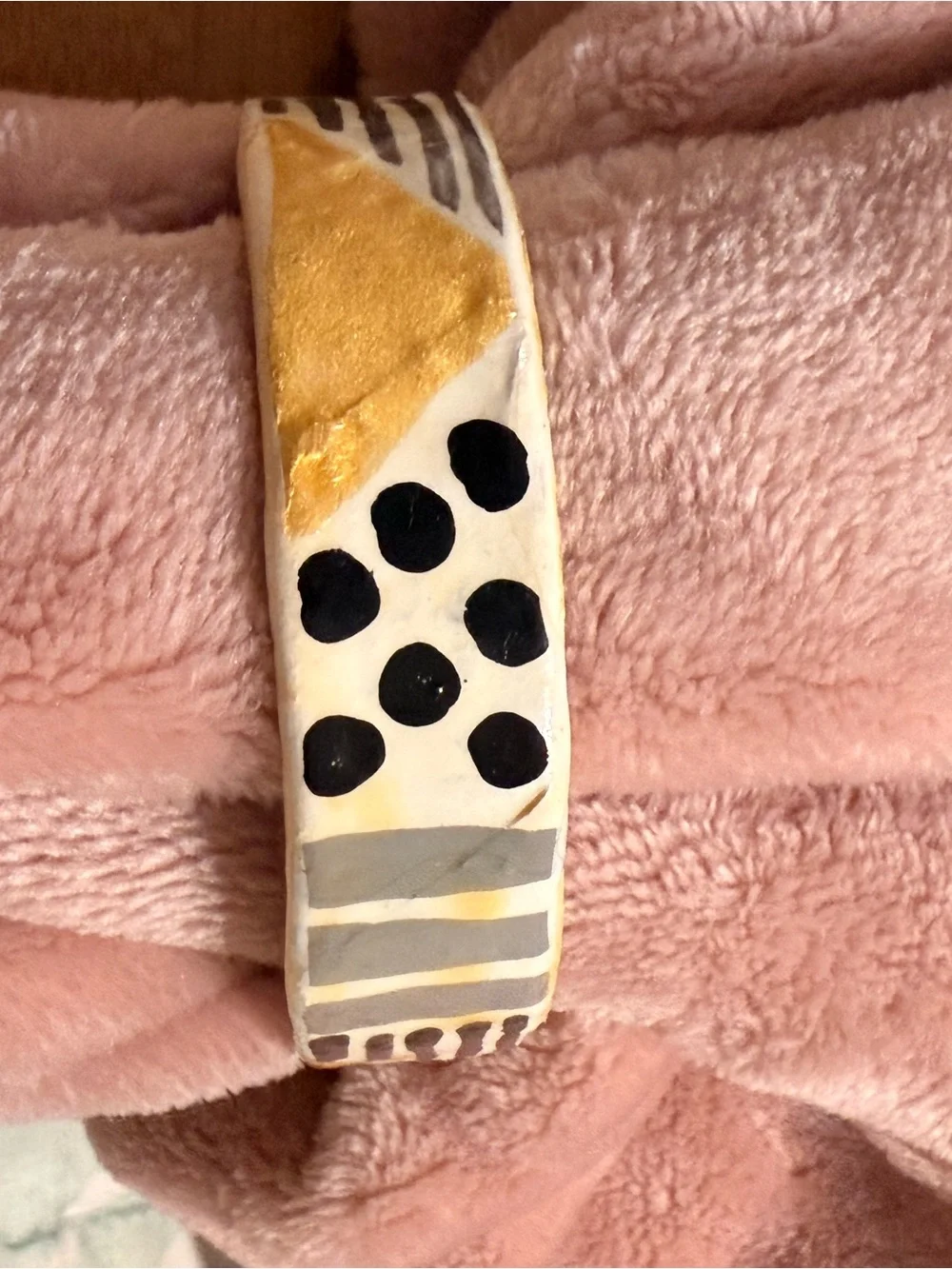 Hand-Painted White Leather Bracelet with Gold, Black & Gray Accents